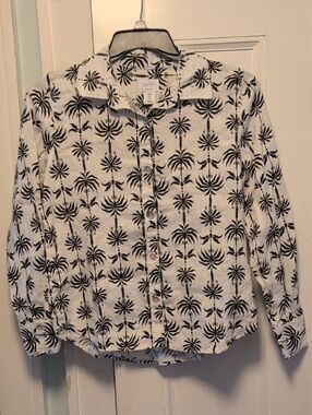 Black Palm Print Button-Up Shirt Nicole Miller Linen - White M